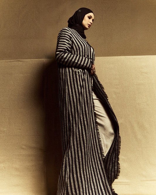 Eyelash Stripe Tweed Abaya (BlueBlack)